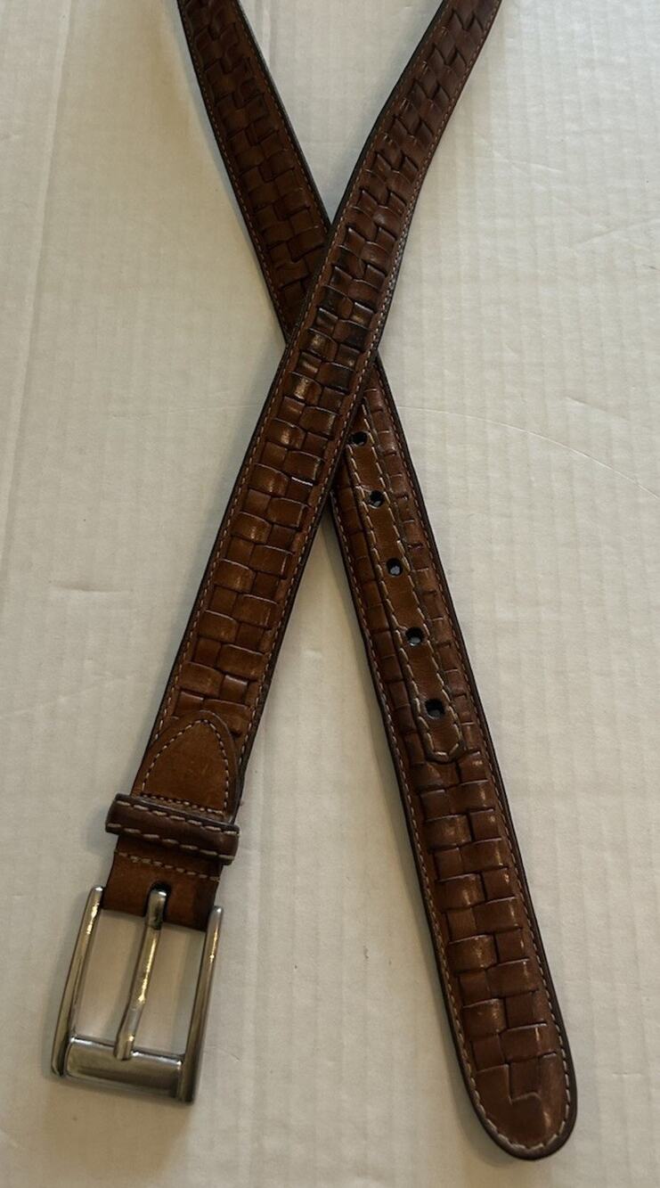 Vtg Johnston & Murphy Men’s Brown Woven Leather Belt Silver Buckle Dress Sz 36